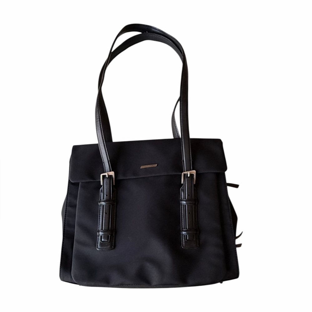 Francesco Biasia Black Ballistic Fabric Multi Pocket Tote with Leather Straps